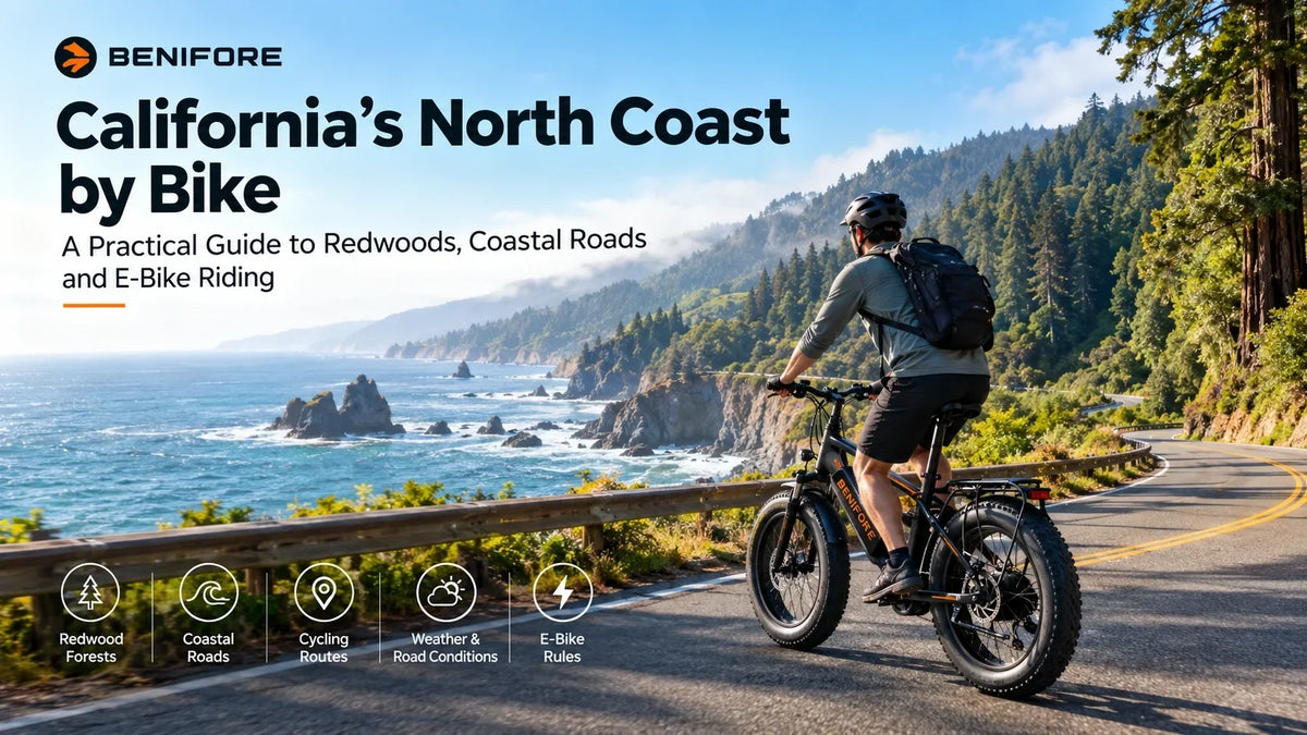 Cyclist riding along California’s North Coast near redwood forests and the Pacific coast