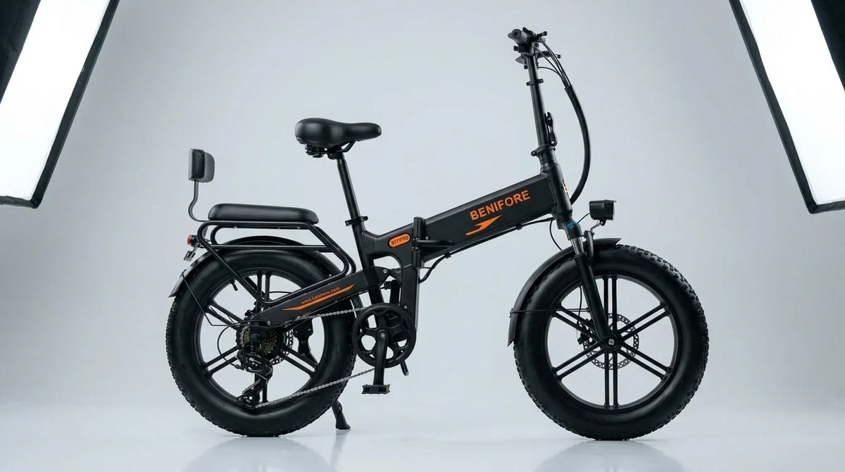 Side-by-side engineering evolution view featuring BENIFORE X1T PRO 1500W black folding fat tire e-bike with UL-certified 48V 20Ah battery.