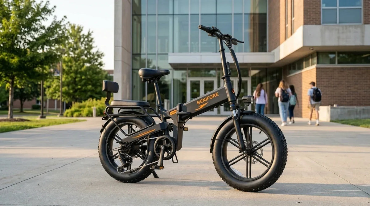 BENIFORE X1T PRO 1500W black folding fat tire electric bike parked near a modern university campus building with 20x4.0 fat tires and rear passenger seat.