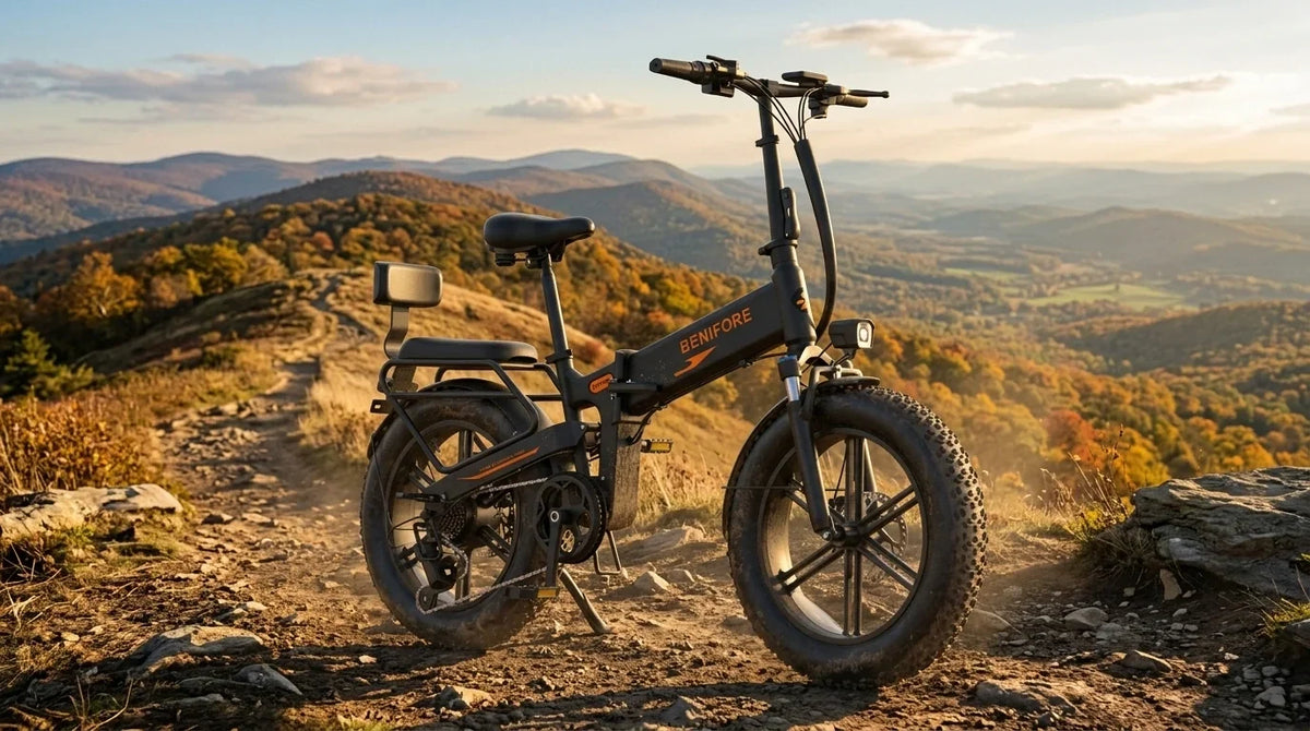 BENIFORE X1T PRO 1500W black folding fat tire e-bike on a scenic dirt mountain trail during sunset with 20x4.0 fat knobby tires.