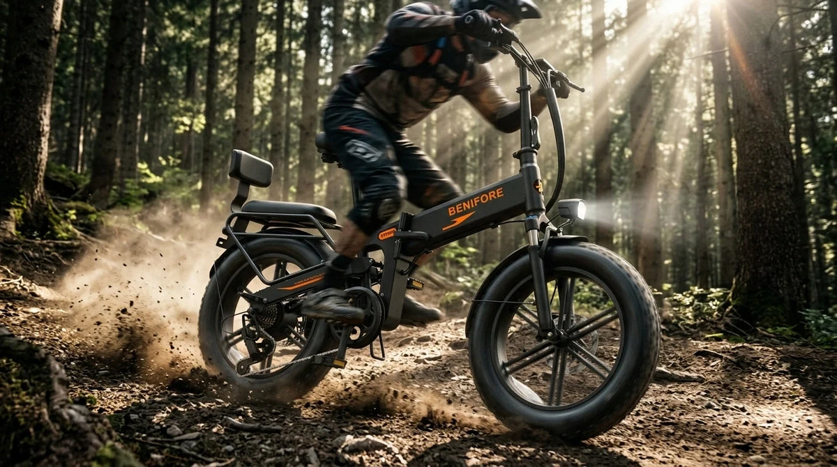 Benifore all-terrain off-road electric bike riding on a rugged dirt forest trail with dual suspension and peak power motor.