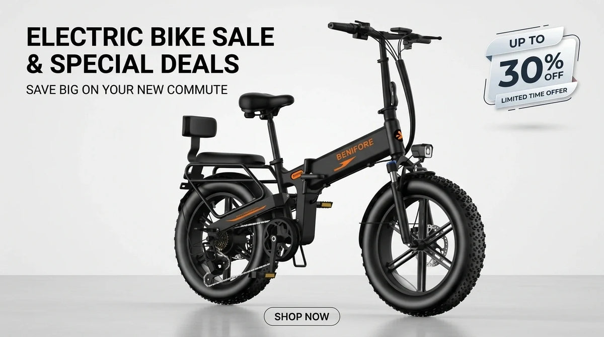 Benifore electric bike sale banner showing discounted folding fat tire e-bikes with coupon code BEN100.