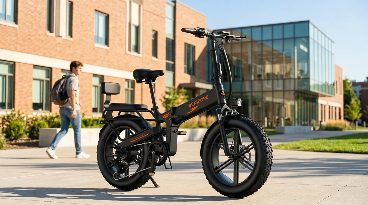 Benifore student electric bike parked near a college campus building, ideal for fast class-to-class commuting.