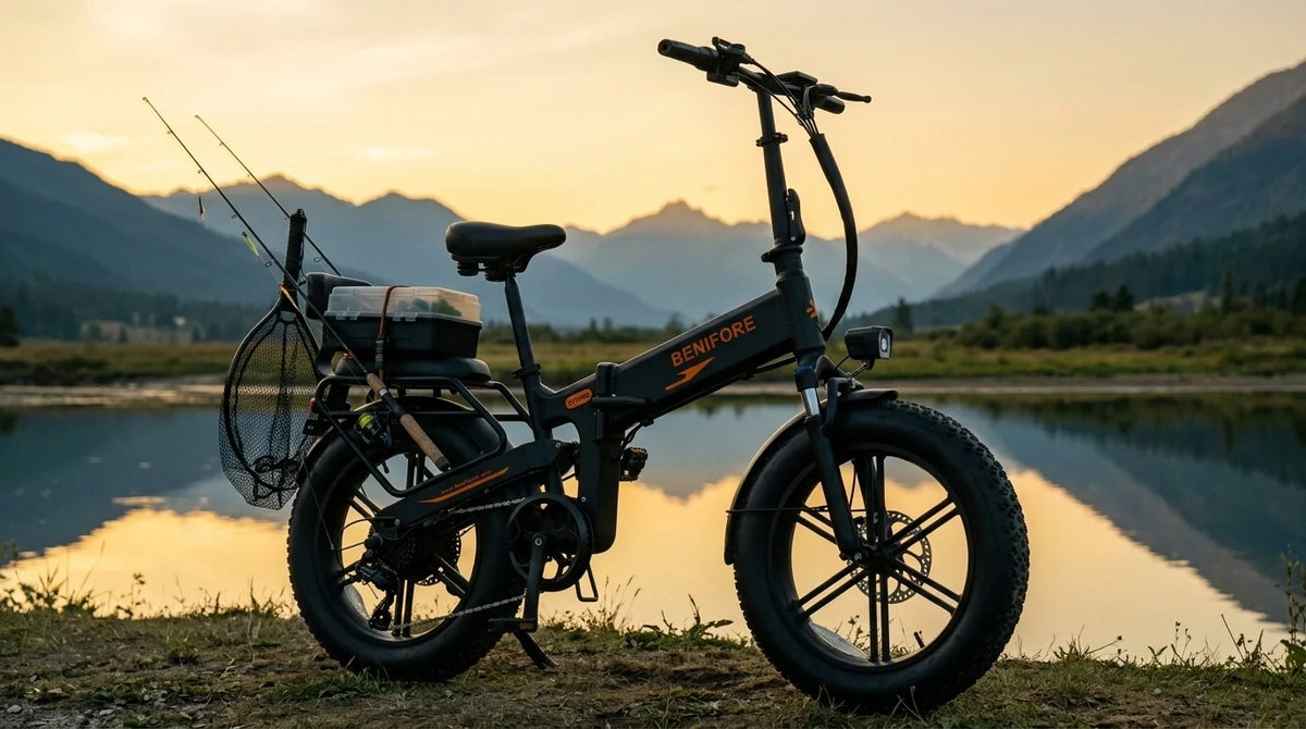 Benifore X1T Pro outdoor fishing electric bike with rear rack loaded with gear near a scenic riverbank at sunset.