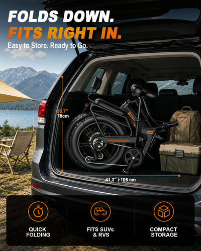 BENIFORE X1T PRO folding 1500W fat tire e-bike quick folded and stored in SUV trunk.