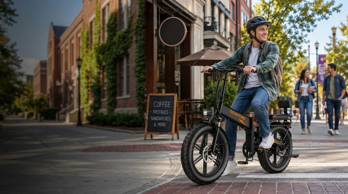 BENIFORE X1T PRO folding fat tire electric bike on a college campus street during a back to school clearance sale deal.