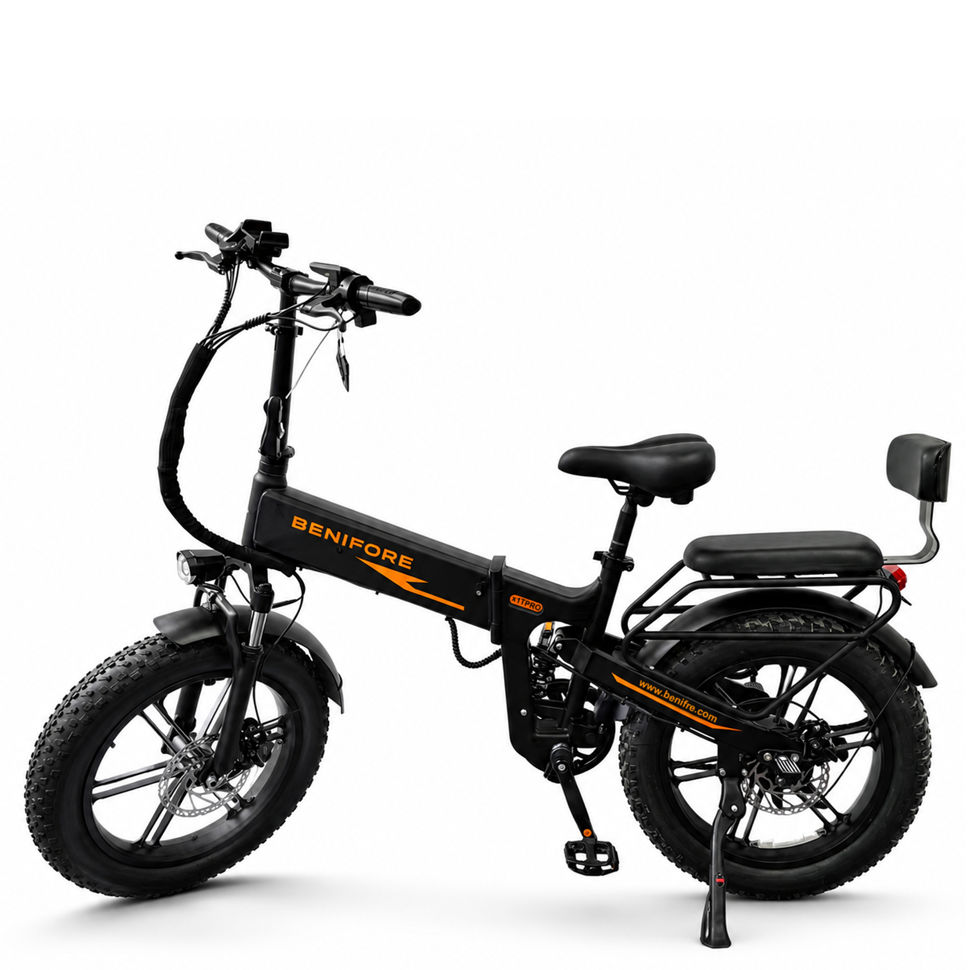 Left rear 45-degree studio shot of Benifore X1T PRO electric bike showing the comfortable rear seat with backrest, orange branding decals, and heavy-duty rear rack.