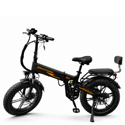 Left rear 45-degree studio shot of Benifore X1T PRO electric bike showing the comfortable rear seat with backrest, orange branding decals, and heavy-duty rear rack.
