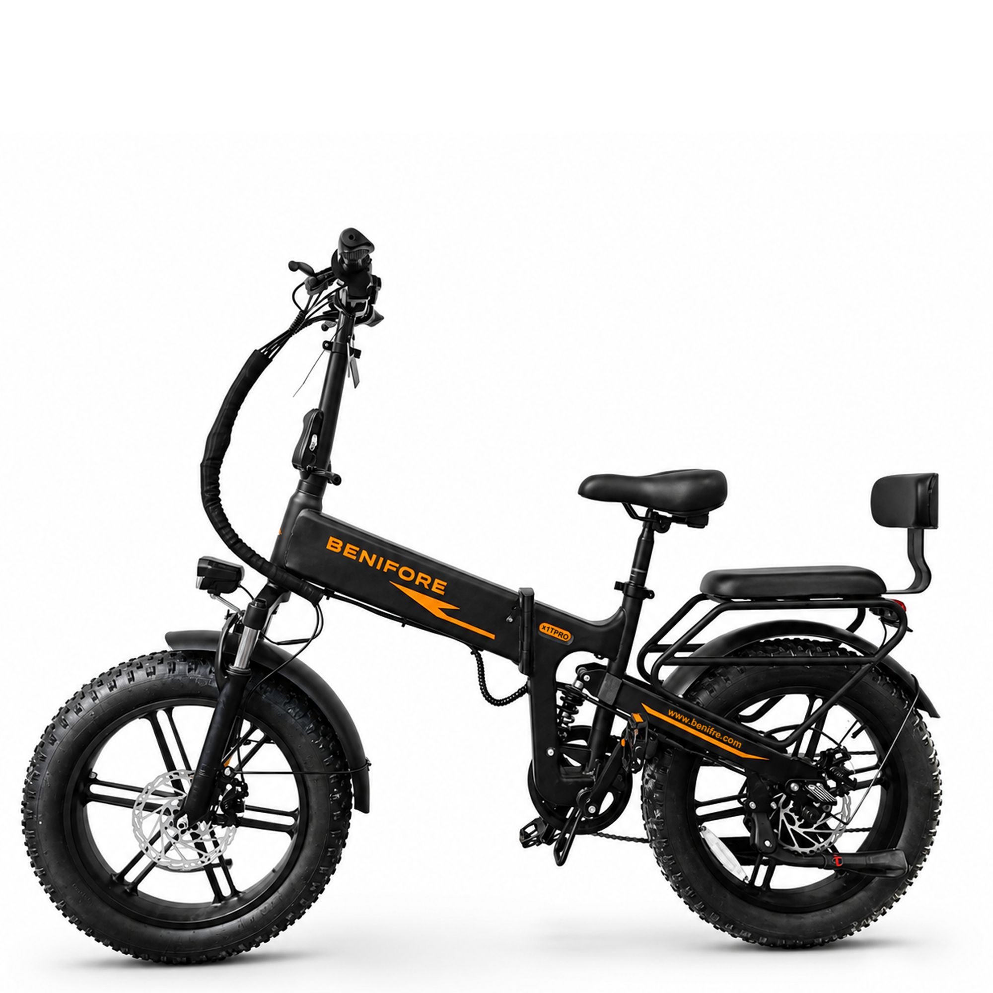 Full left side profile of Benifore X1T PRO folding e-bike with fat tires, highlighting the step-through frame design, central folding mechanism, and rear passenger backrest.