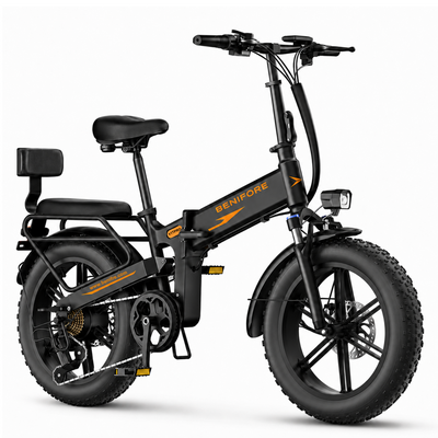Right front 45-degree angle studio shot of Benifore X1T PRO electric bike, showcasing the bright LED headlight, front suspension, handlebars, and aggressive fat tire tread.